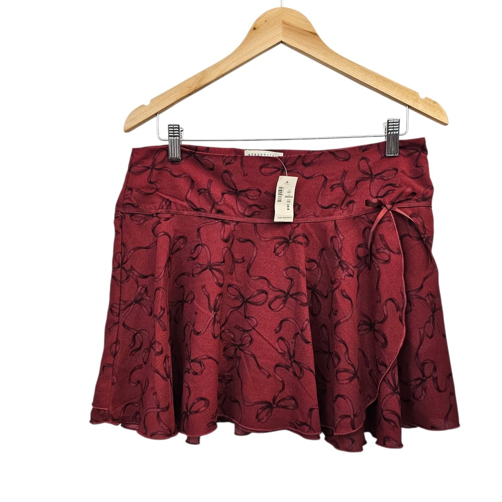 Aeropostale Mini Skirt Skort M Burgundy Bow Print Coquette Dark Moody Preppy NEW